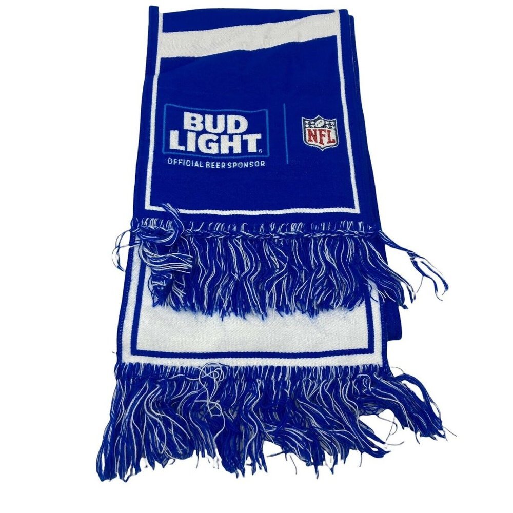 NFL Budlite Scarf Blue White New In Bag Spell Out Fringe